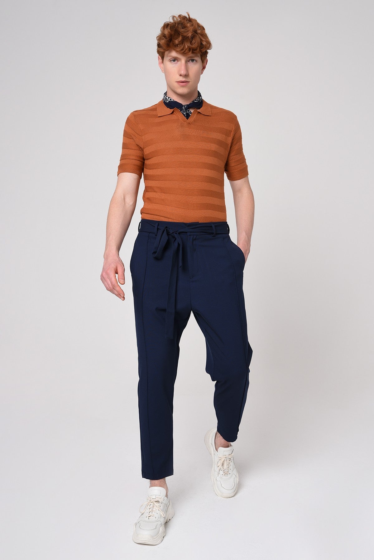 Striped Polo-Neck Patterned Knit T-Shirt