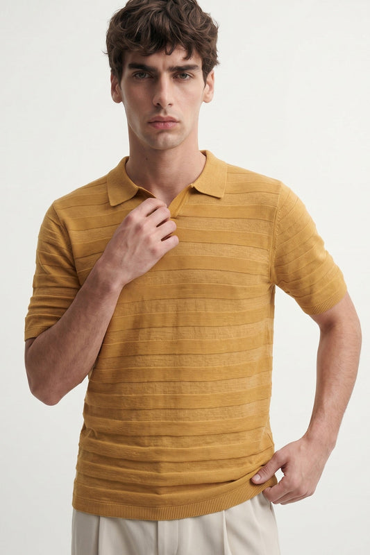 Striped Polo-Neck Patterned Knit T-Shirt