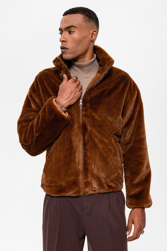 Antioch Men's Stand-Up Collar Faux Fur Coat