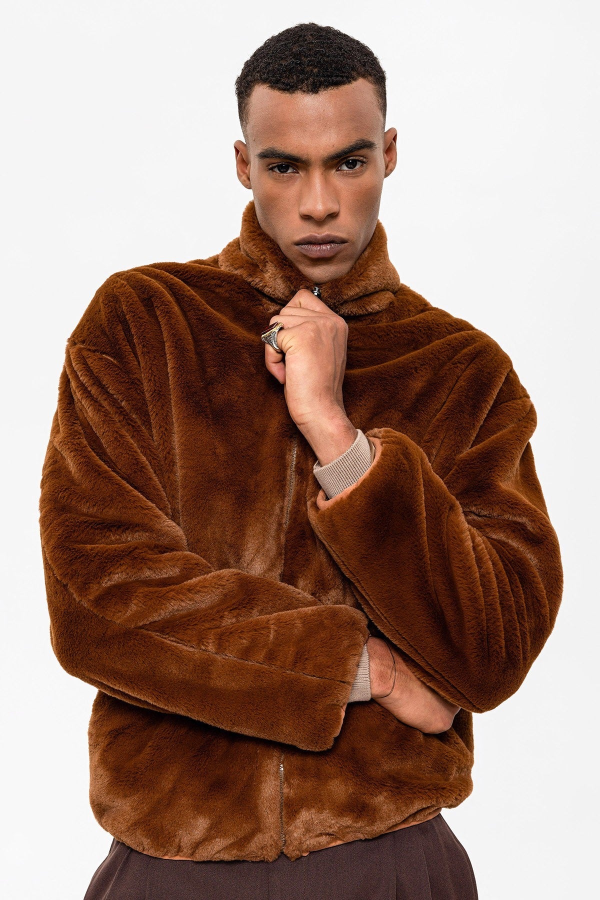 Antioch Men's Stand-Up Collar Faux Fur Coat