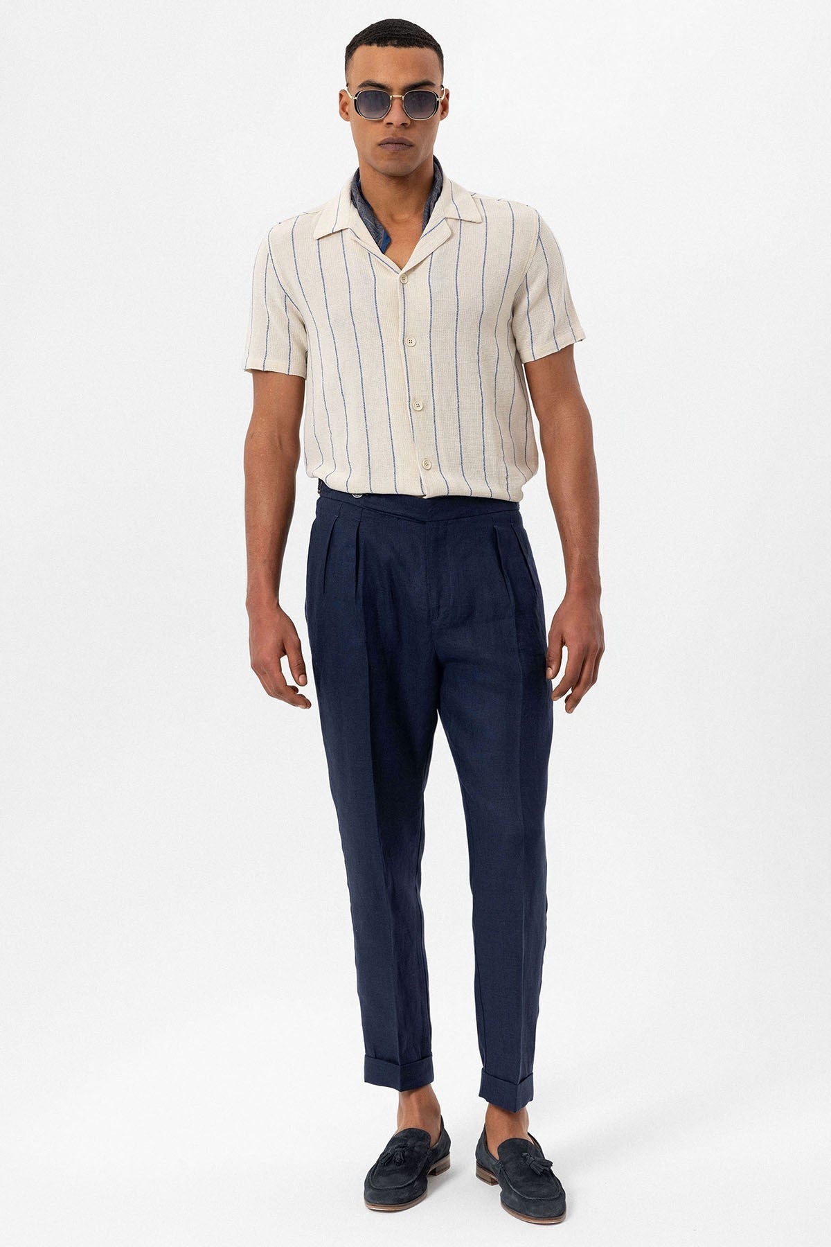 Antioch Striped Apache-Collar Short-Sleeve Linen Shirt