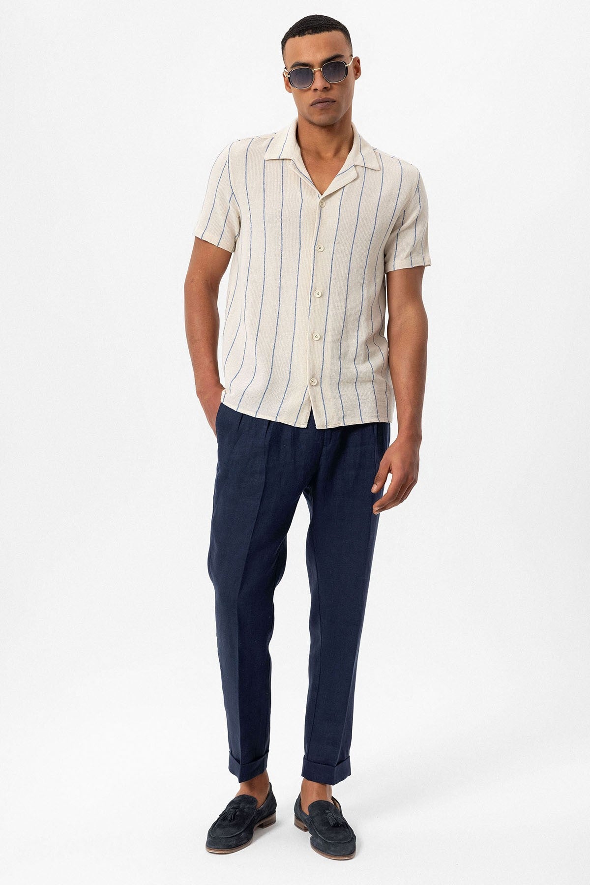 Antioch Striped Apache-Collar Short-Sleeve Linen Shirt