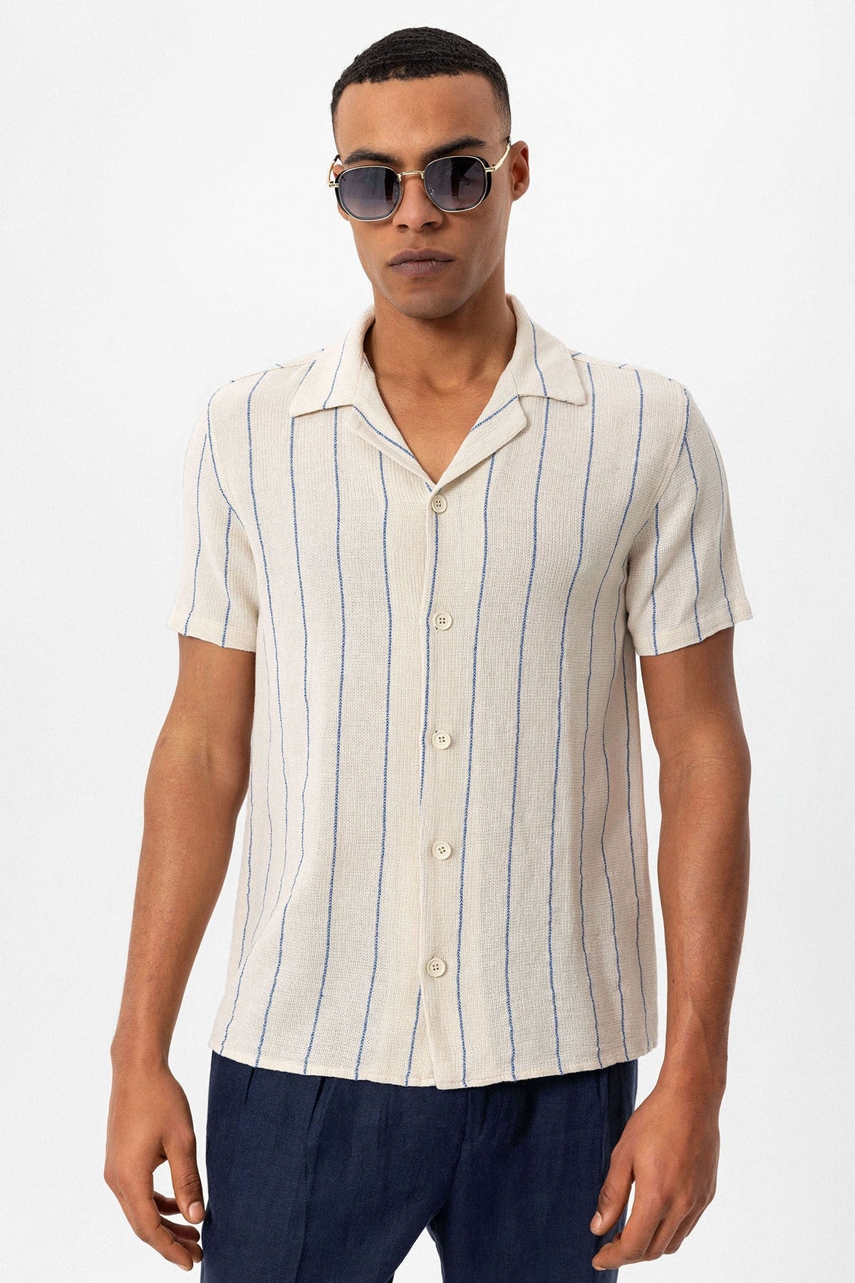Antioch Striped Apache-Collar Short-Sleeve Linen Shirt