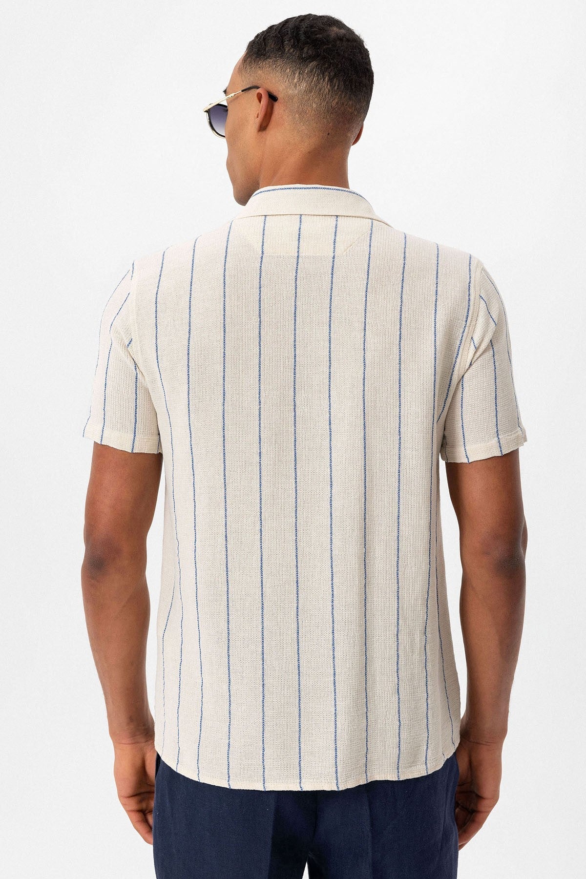 Antioch Striped Apache-Collar Short-Sleeve Linen Shirt