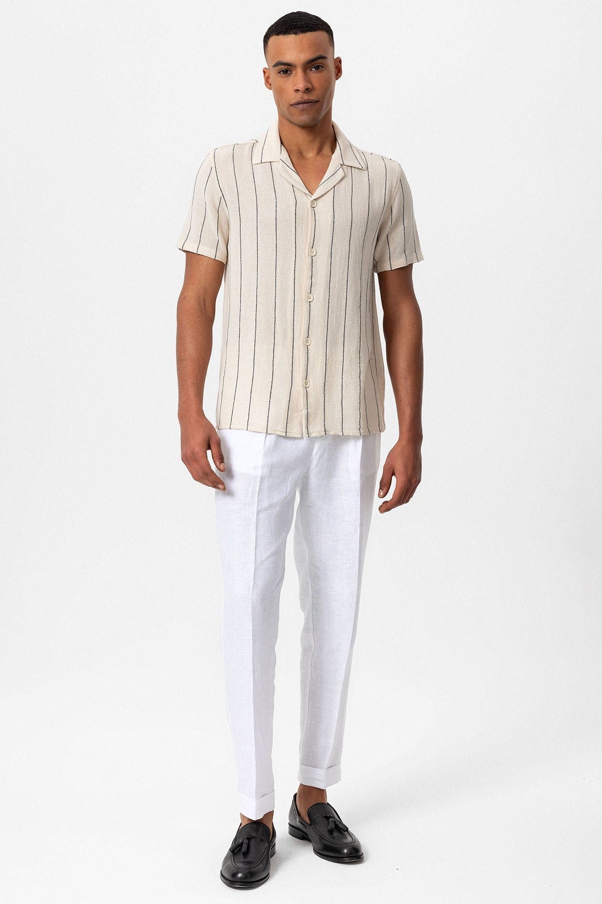 Antioch Striped Apache-Collar Short-Sleeve Linen Shirt