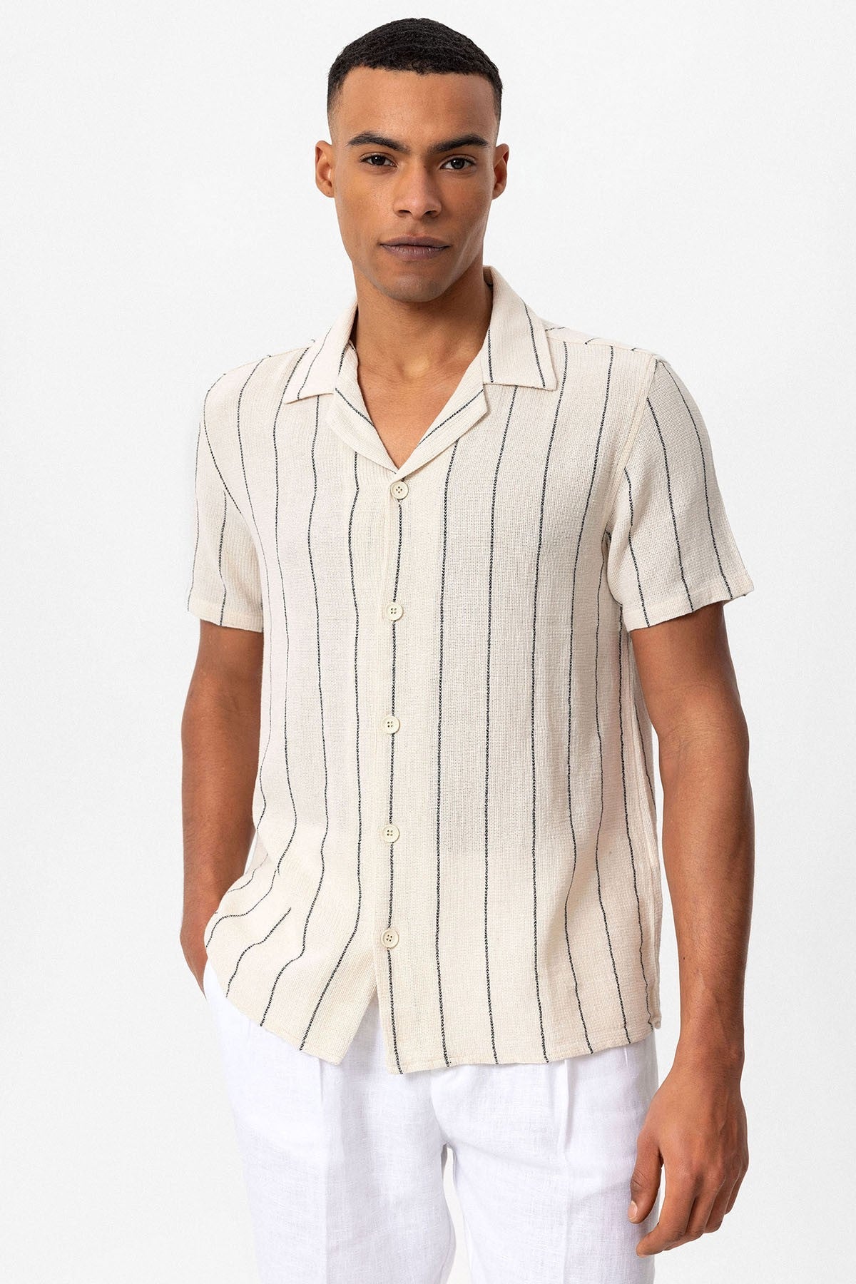Antioch Striped Apache-Collar Short-Sleeve Linen Shirt