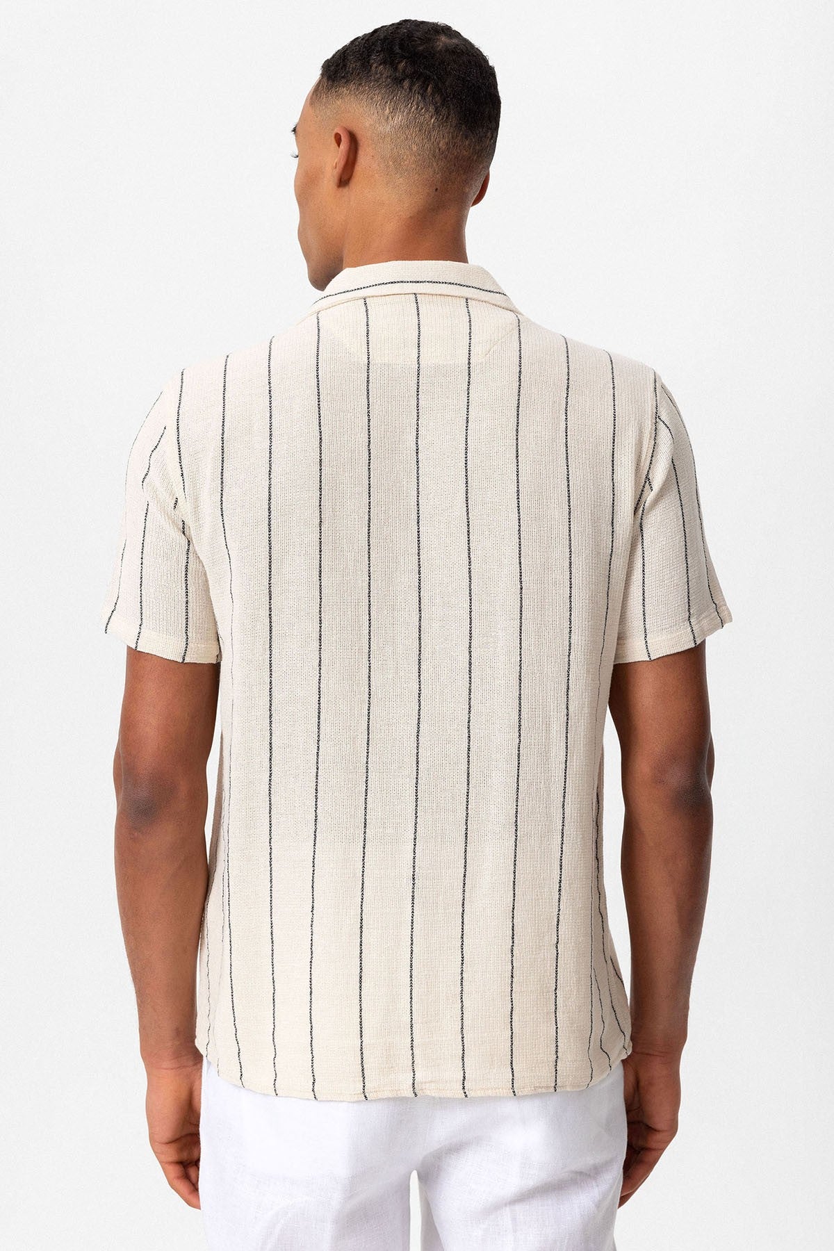 Antioch Striped Apache-Collar Short-Sleeve Linen Shirt
