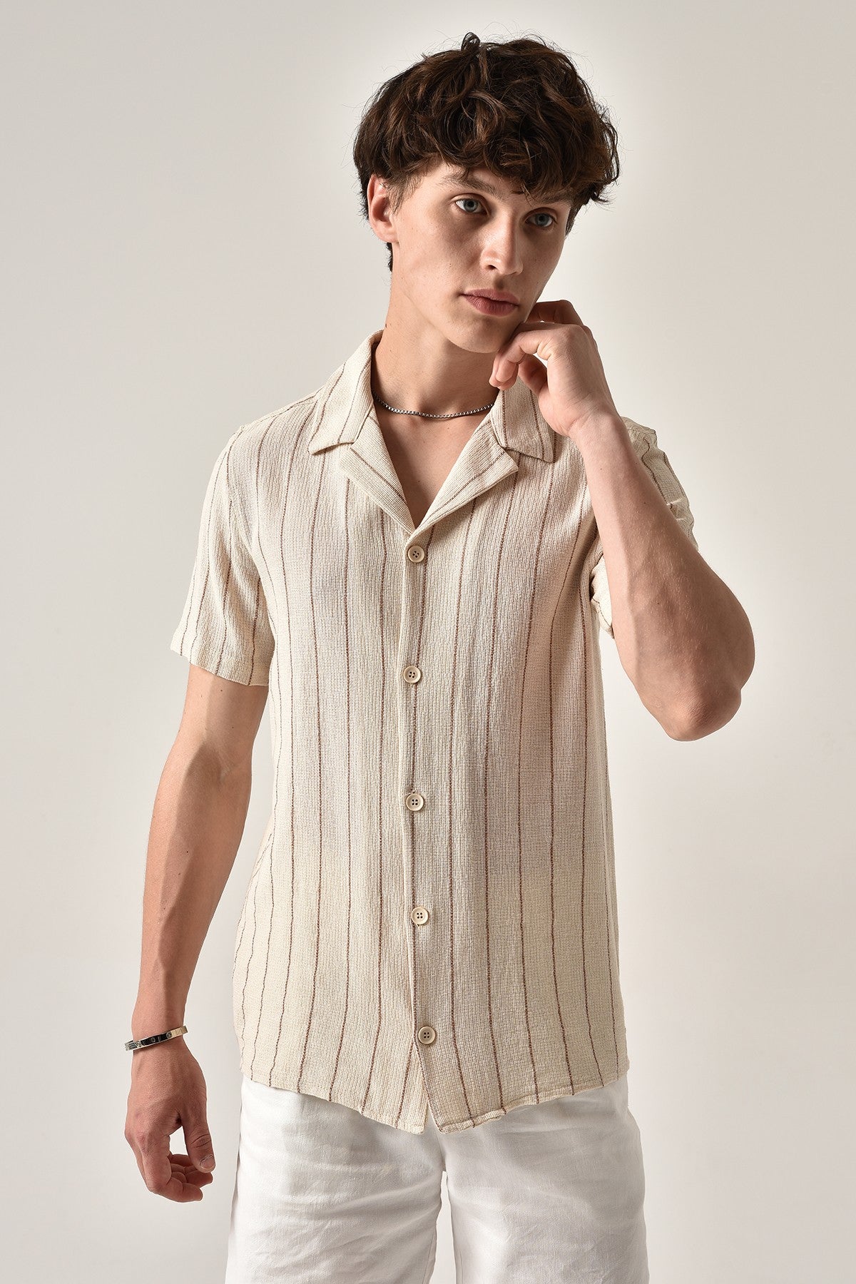 Antioch Striped Apache-Collar Short-Sleeve Linen Shirt