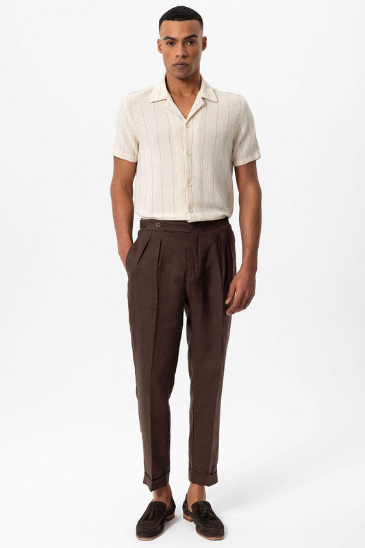 Antioch Striped Apache-Collar Short-Sleeve Linen Shirt