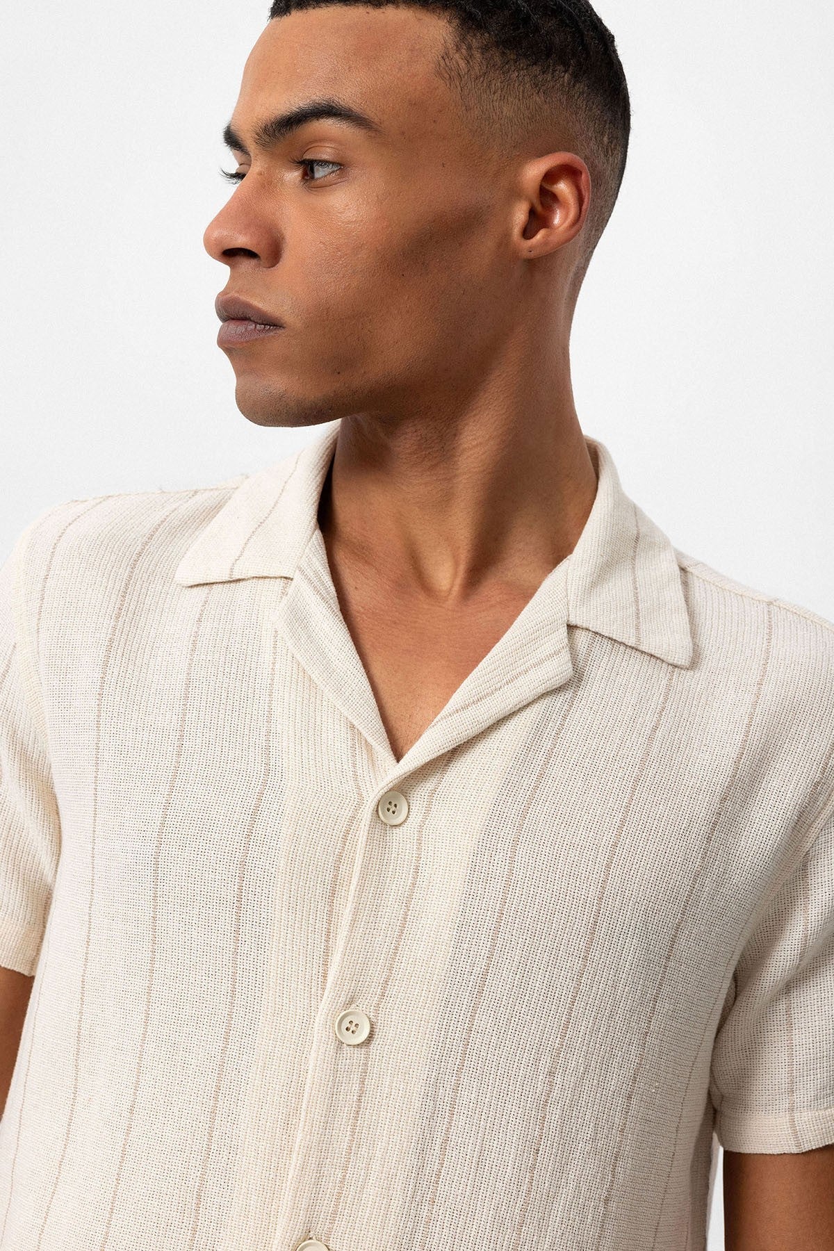 Antioch Striped Apache-Collar Short-Sleeve Linen Shirt