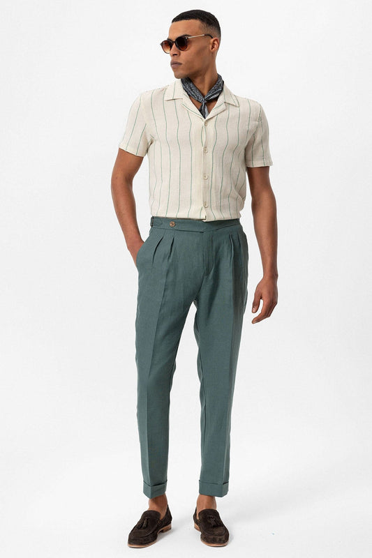Antioch Striped Apache-Collar Short-Sleeve Linen Shirt
