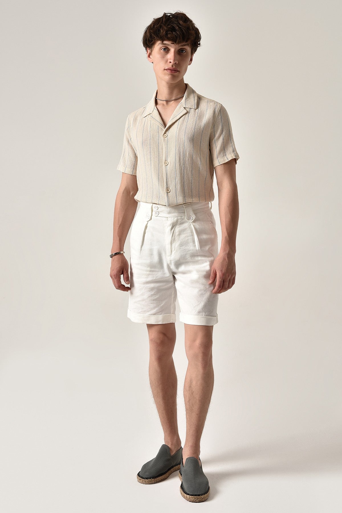 Antioch Striped Apache-Collar Short-Sleeve Linen Shirt