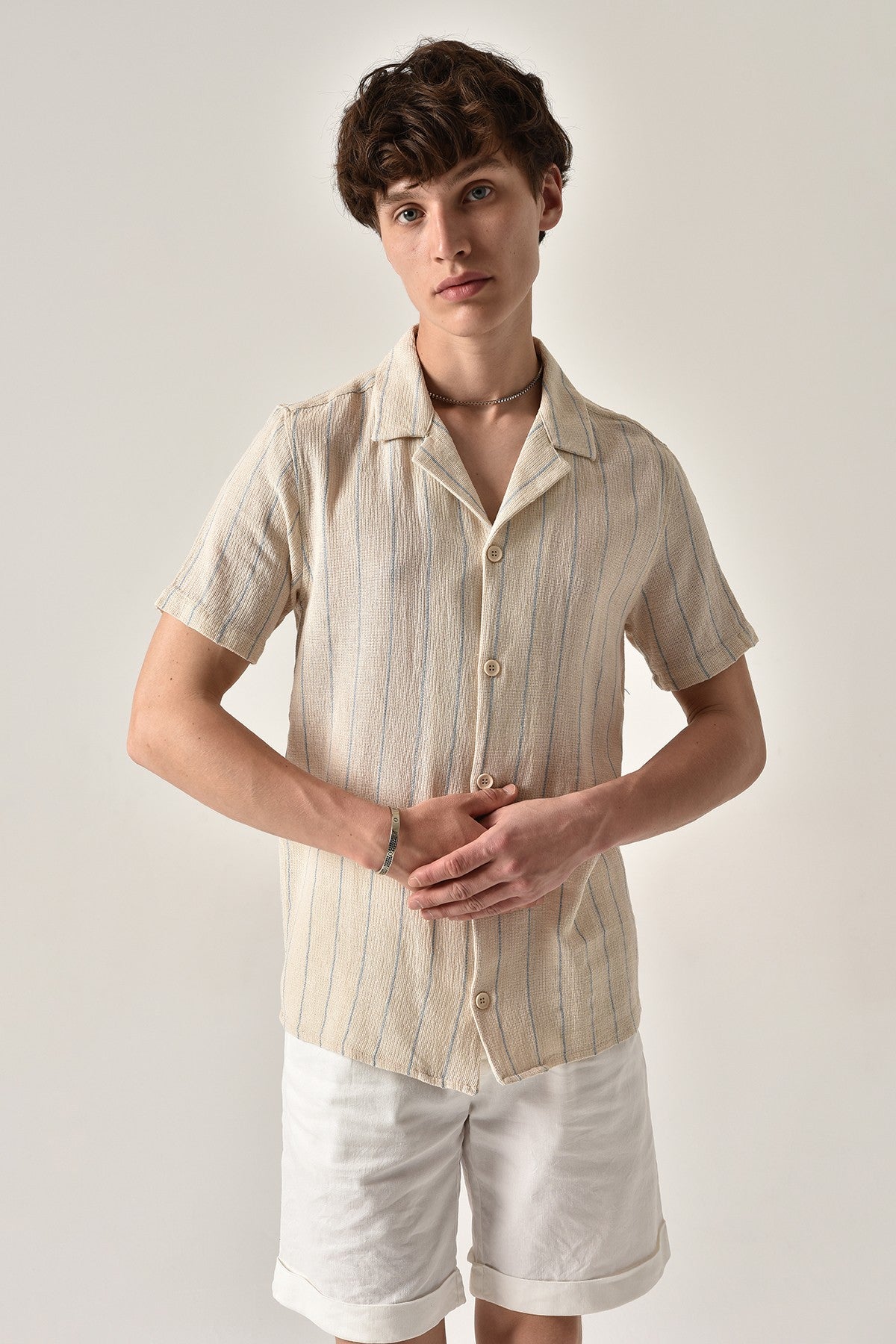 Antioch Striped Apache-Collar Short-Sleeve Linen Shirt