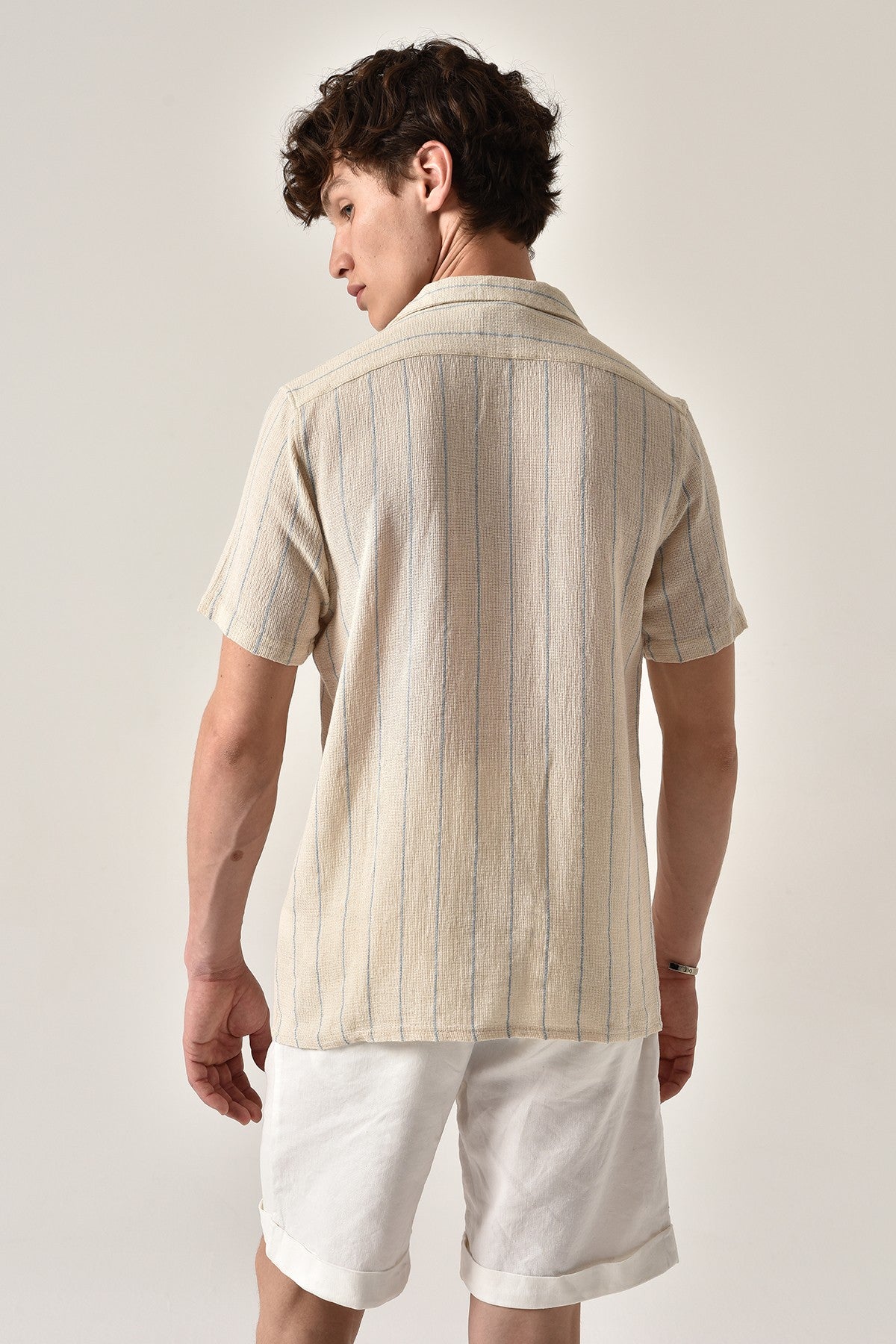 Antioch Striped Apache-Collar Short-Sleeve Linen Shirt