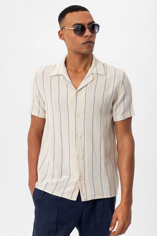Antioch Striped Apache-Collar Short-Sleeve Linen Shirt