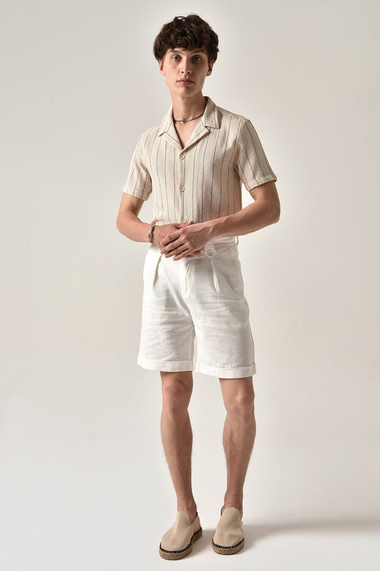 Antioch Striped Apache-Collar Short-Sleeve Linen Shirt