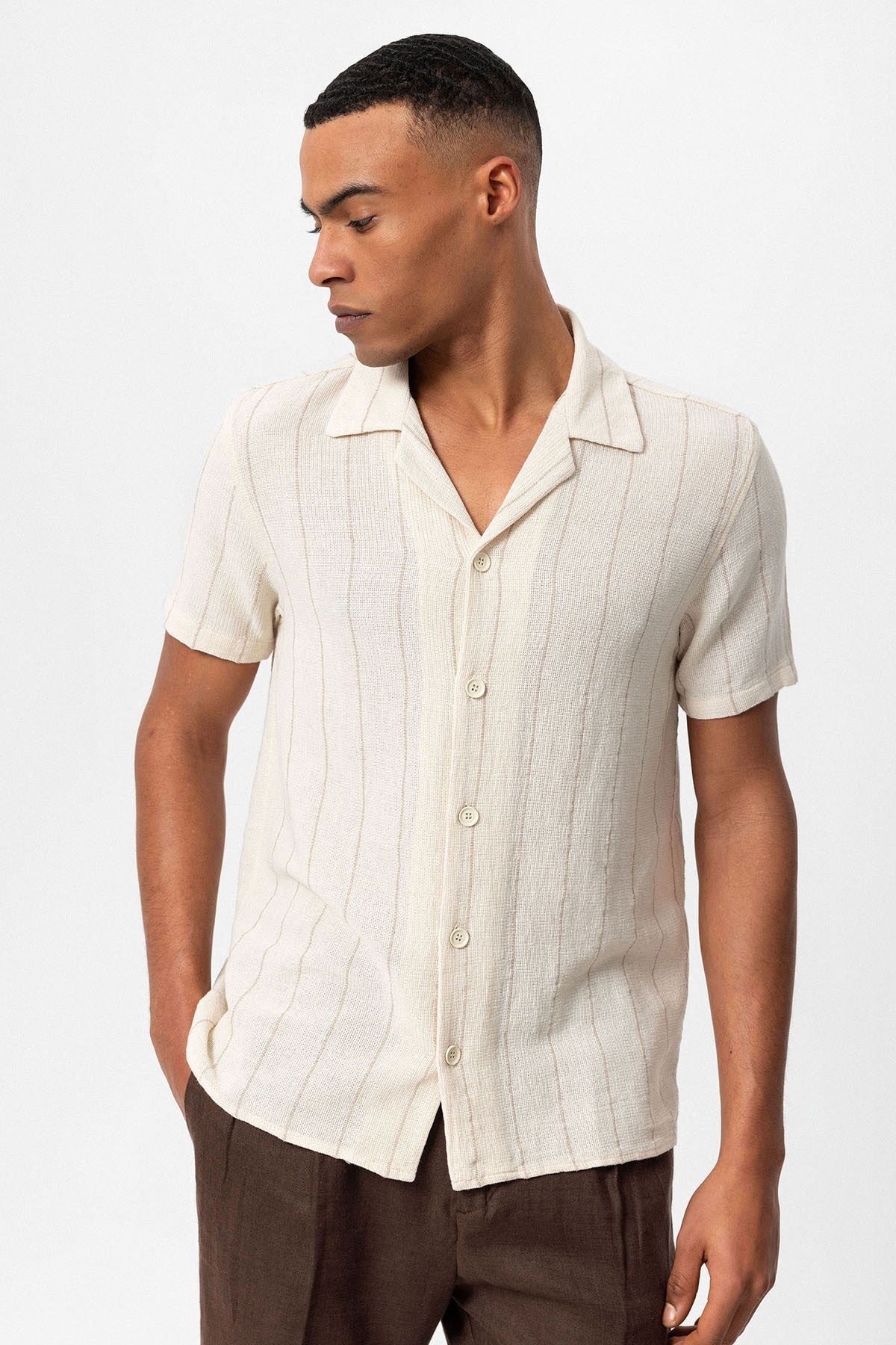 Antioch Striped Apache-Collar Short-Sleeve Linen Shirt