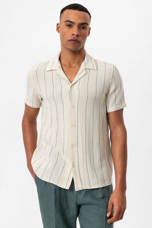 Antioch Striped Apache-Collar Short-Sleeve Linen Shirt