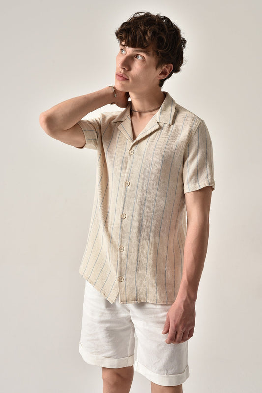 Antioch Striped Apache-Collar Short-Sleeve Linen Shirt