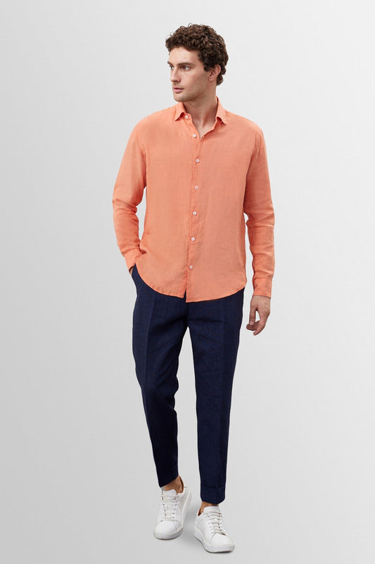 Men's 100% Linen Shirt with an Antioch Collar and Button Detail