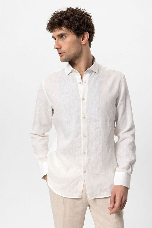 Men's 100% Linen Shirt with an Antioch Collar and Button Detail