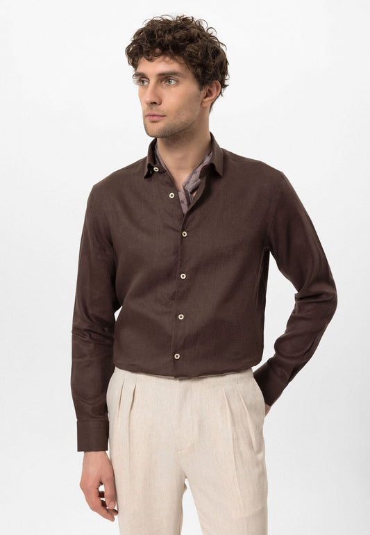 Men's 100% Linen Shirt with an Antioch Collar and Button Detail