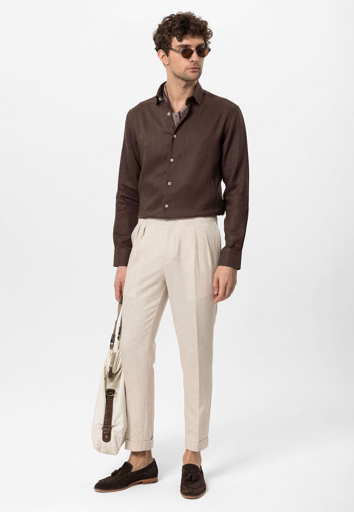 Men's 100% Linen Shirt with an Antioch Collar and Button Detail