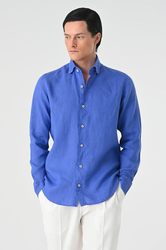 Men's 100% Linen Shirt with an Antioch Collar and Button Detail
