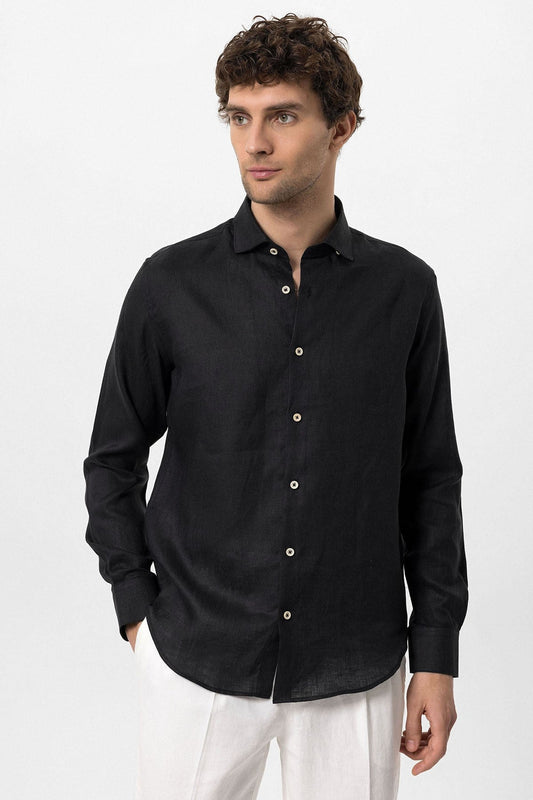 Men's 100% Linen Shirt with an Antioch Collar and Button Detail