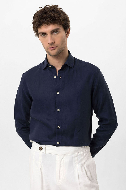 Men's 100% Linen Shirt with an Antioch Collar and Button Detail