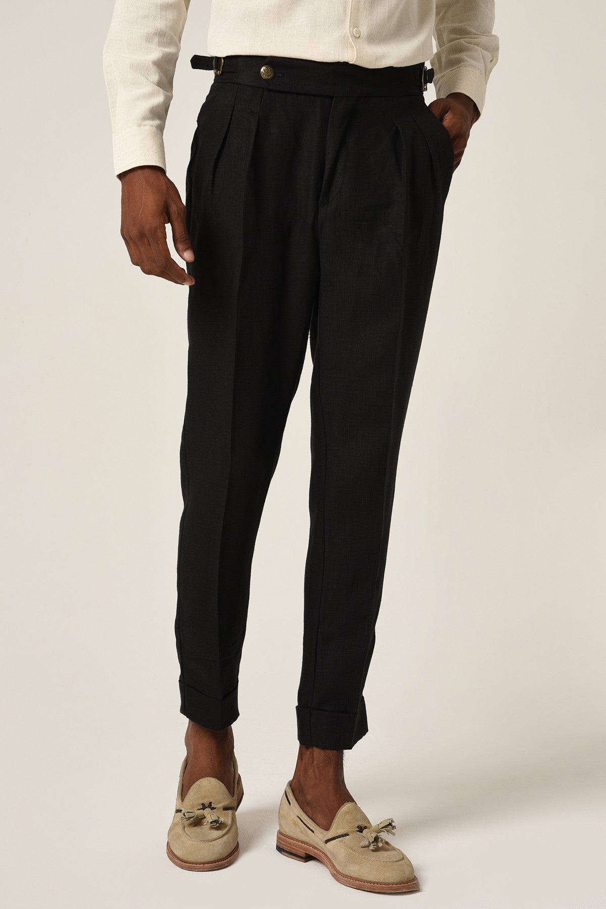 Antioch High-Waisted Belted Pleated Linen Pants