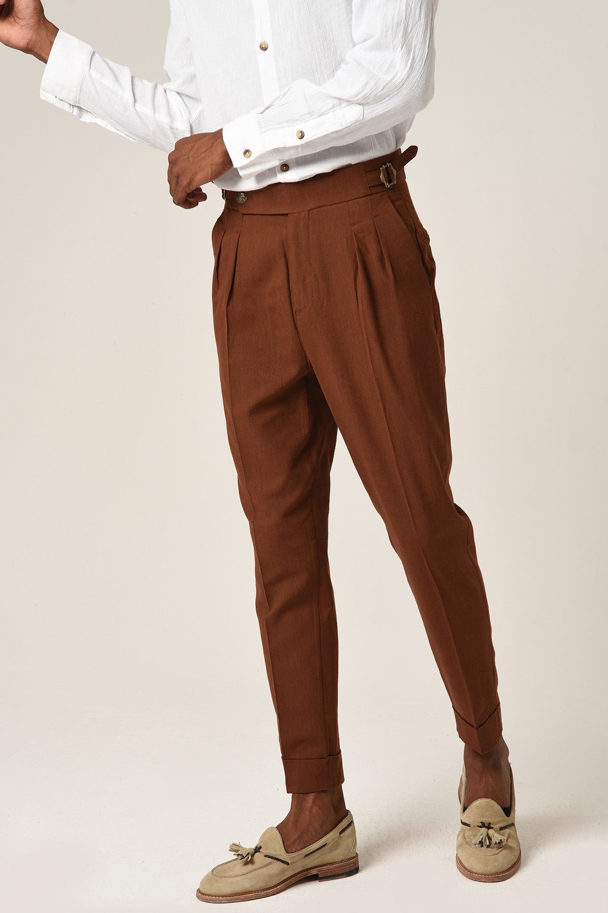 Antioch High-Waisted Belted Pleated Linen Pants