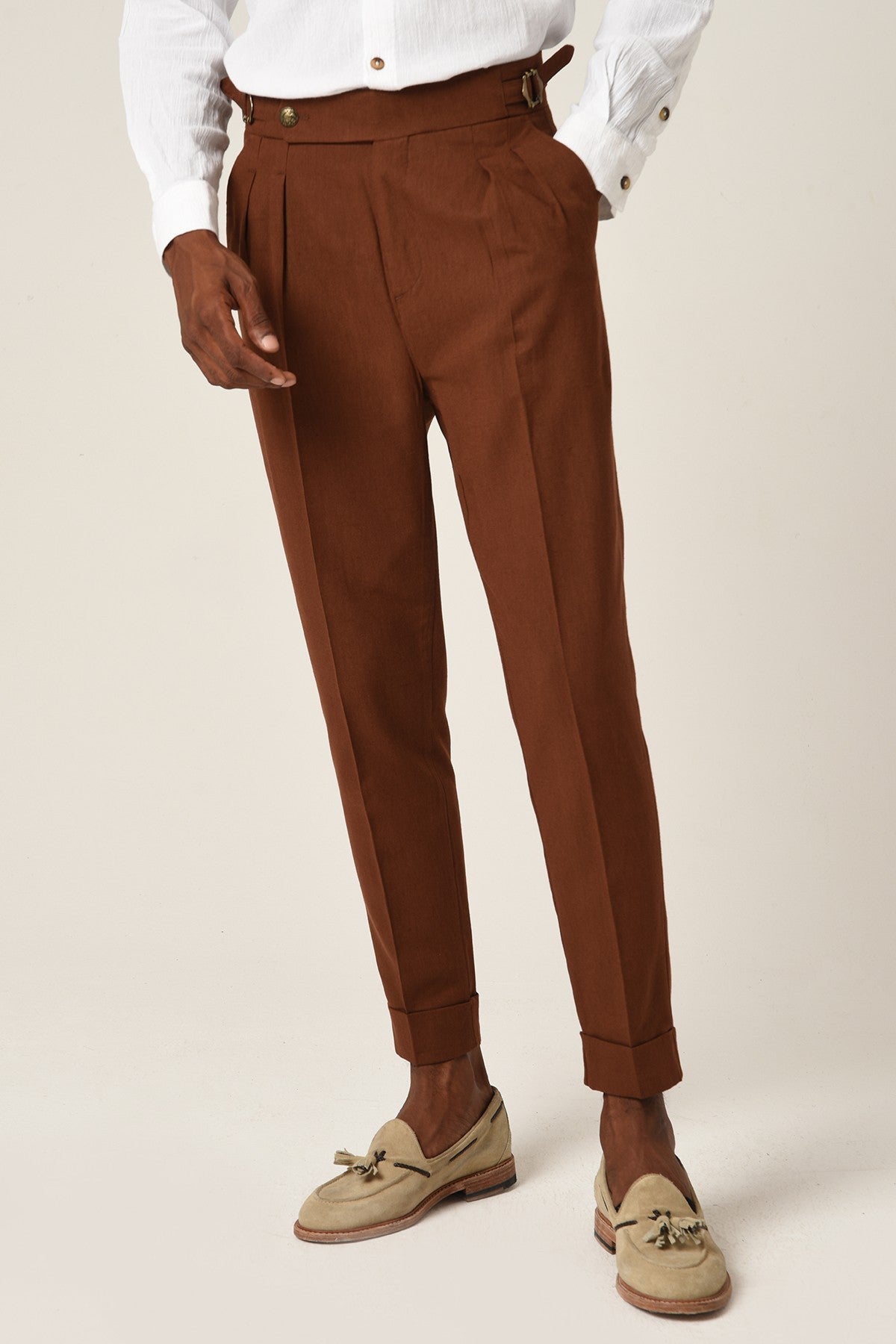 Antioch High-Waisted Belted Pleated Linen Pants