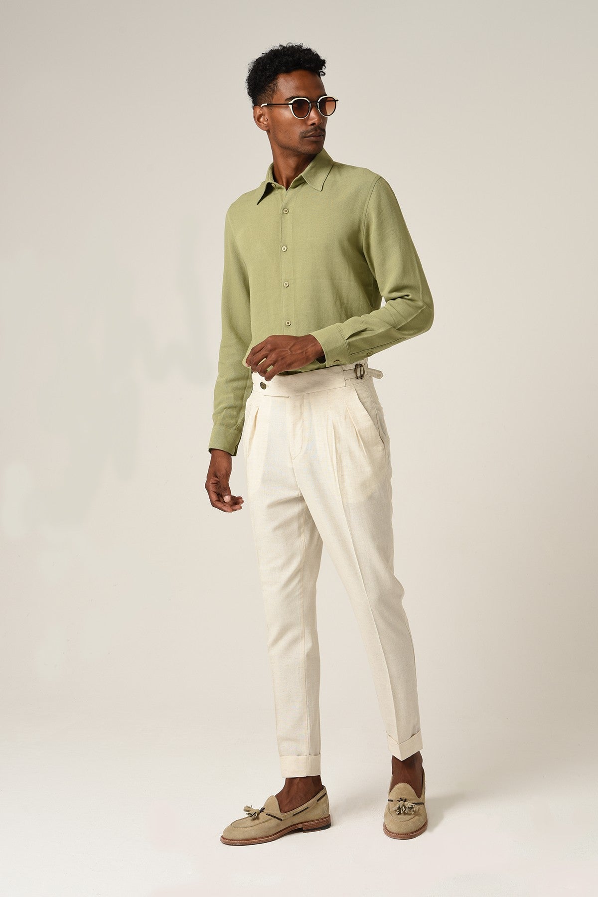 Antioch High-Waisted Belted Pleated Linen Pants