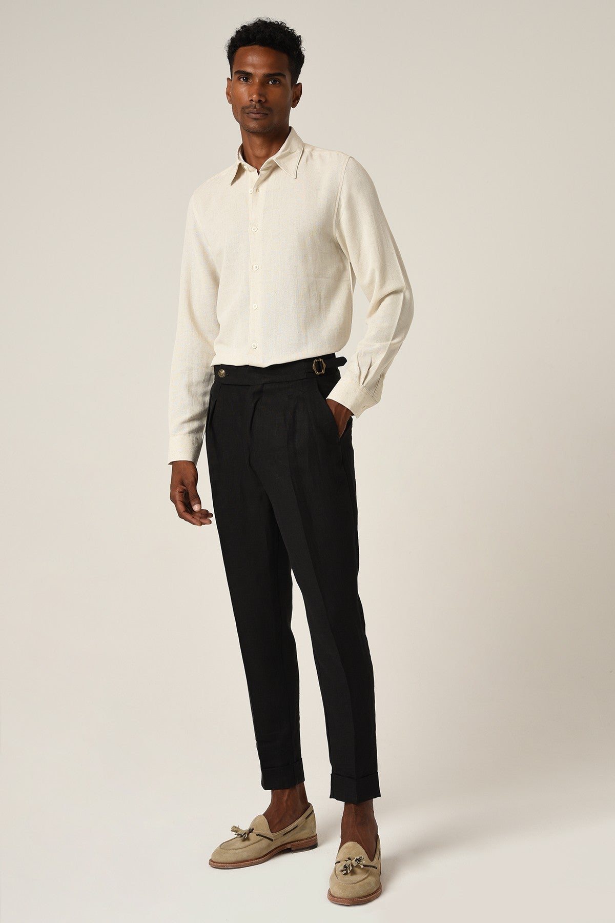 Antioch High-Waisted Belted Pleated Linen Pants