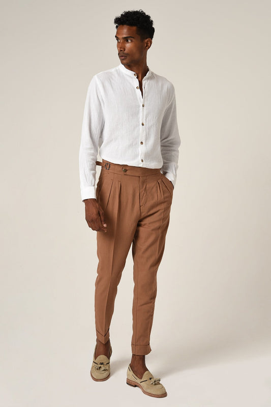 Antioch High-Waisted Belted Pleated Linen Pants