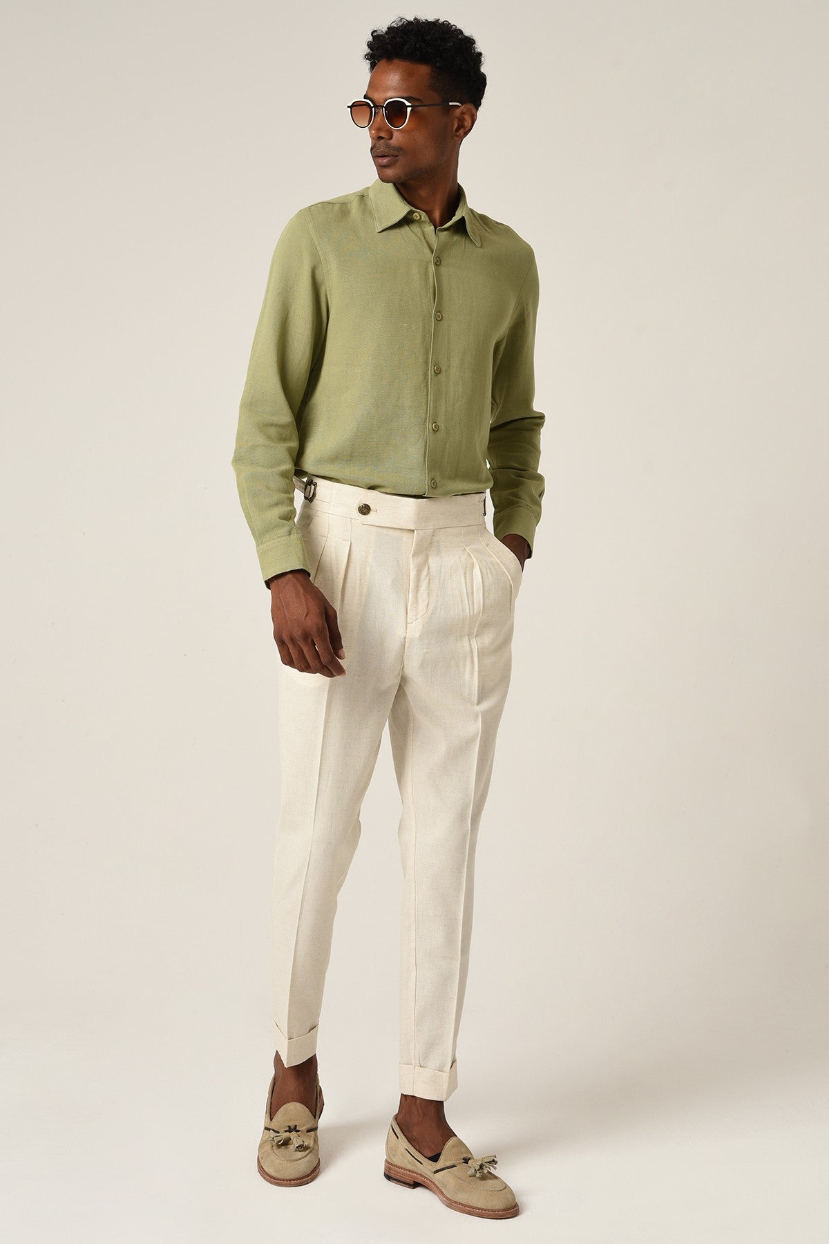 Antioch High-Waisted Belted Pleated Linen Pants