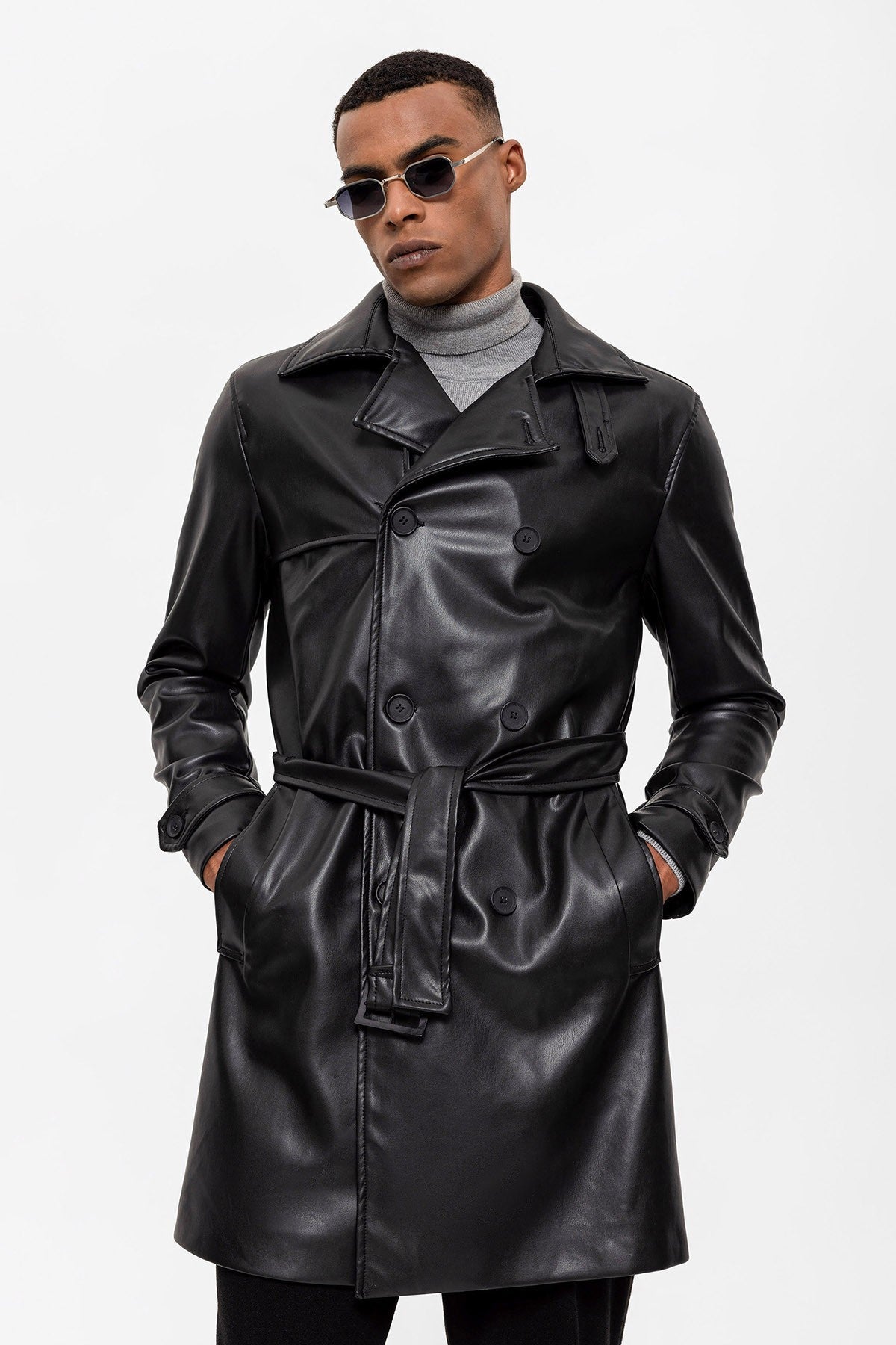Antioch Men's Belted Double-Breasted Faux Leather Trench Coat