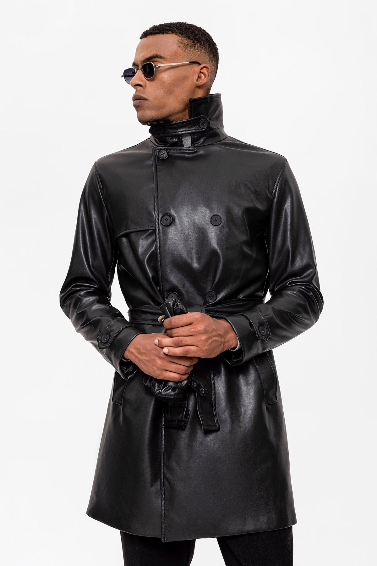 Antioch Men's Belted Double-Breasted Faux Leather Trench Coat
