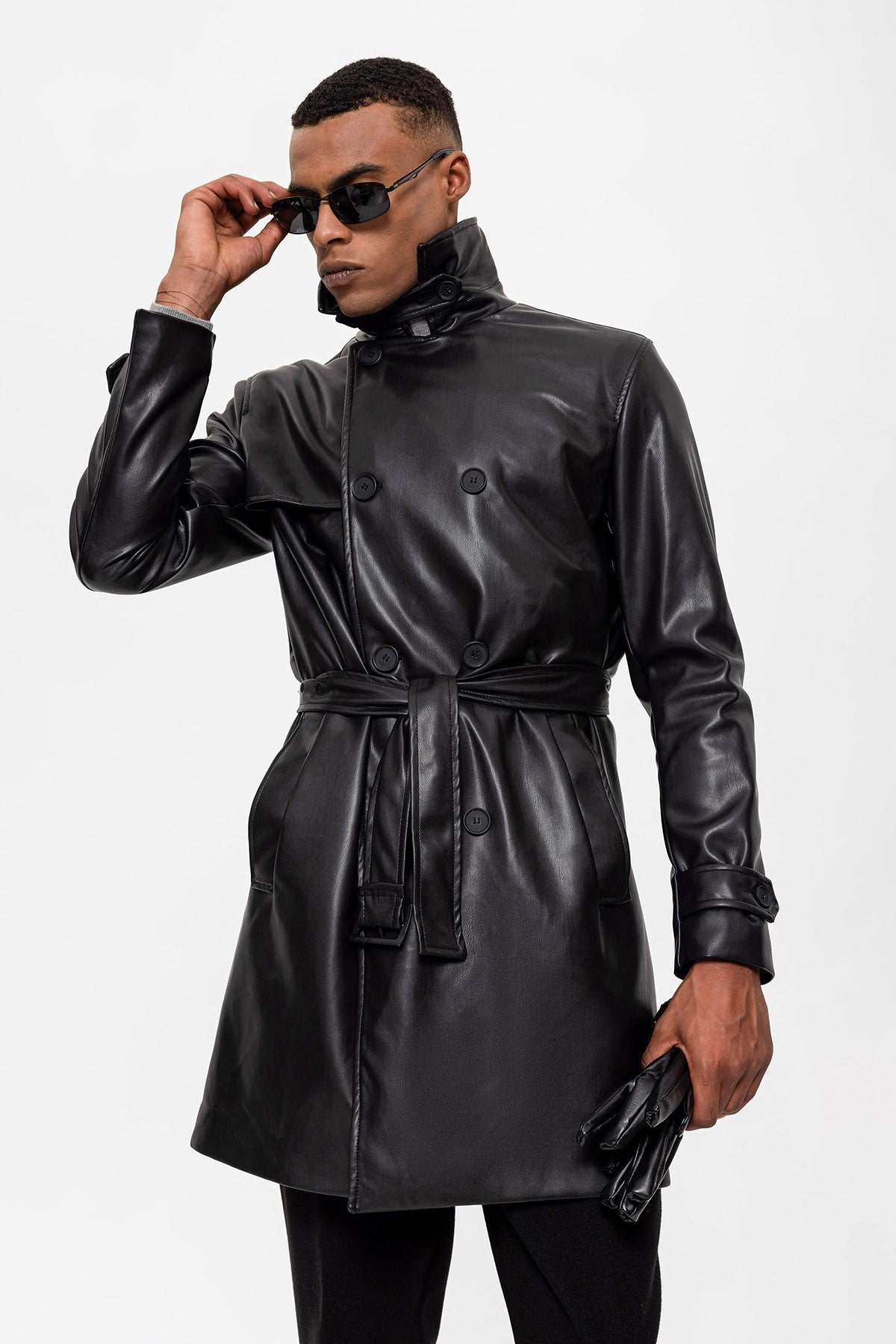 Antioch Men's Belted Double-Breasted Faux Leather Trench Coat