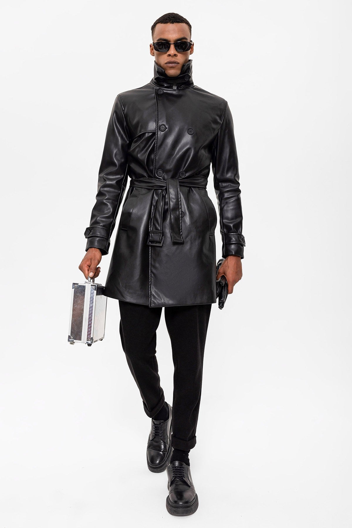 Antioch Men's Belted Double-Breasted Faux Leather Trench Coat