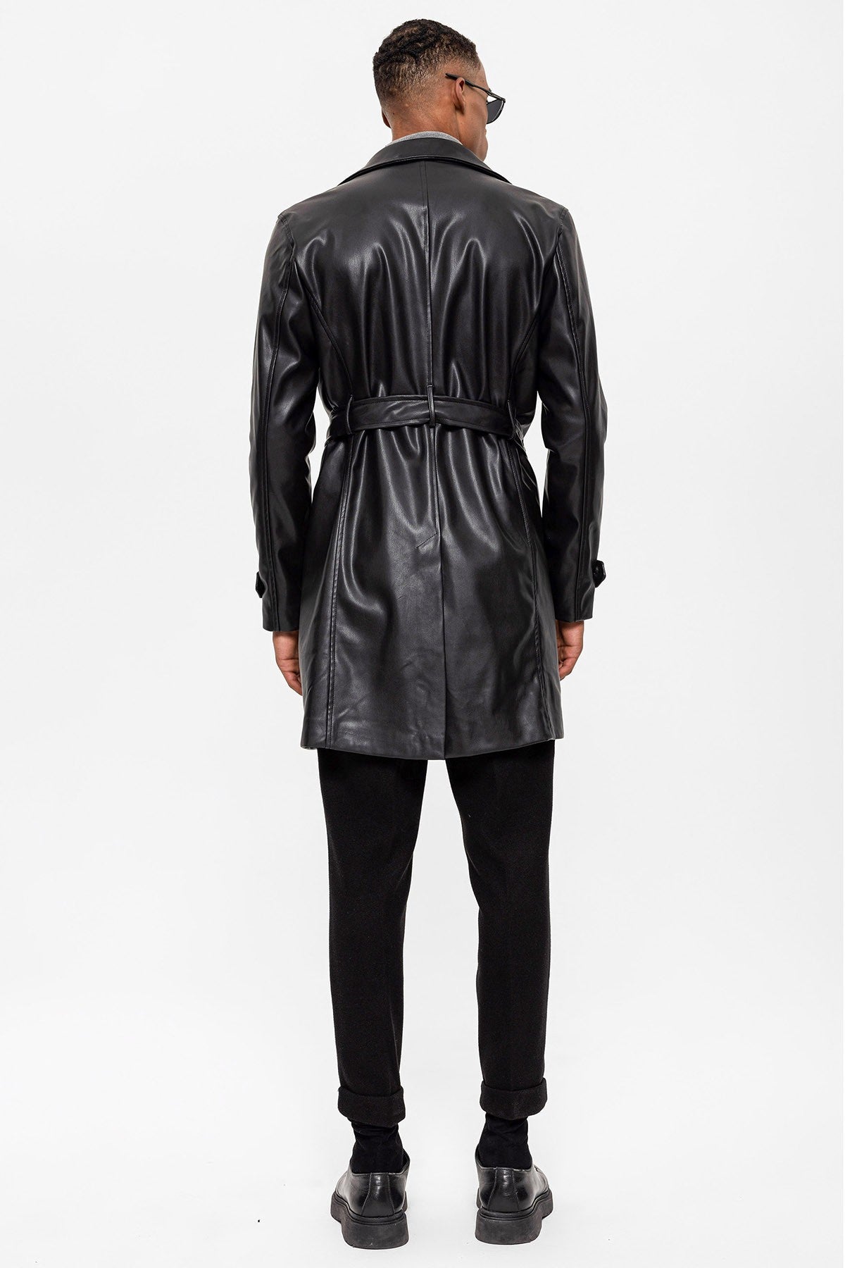 Antioch Men's Belted Double-Breasted Faux Leather Trench Coat