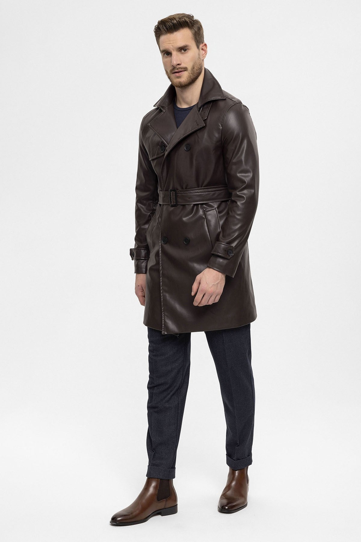 Antioch Men's Belted Double-Breasted Faux Leather Trench Coat