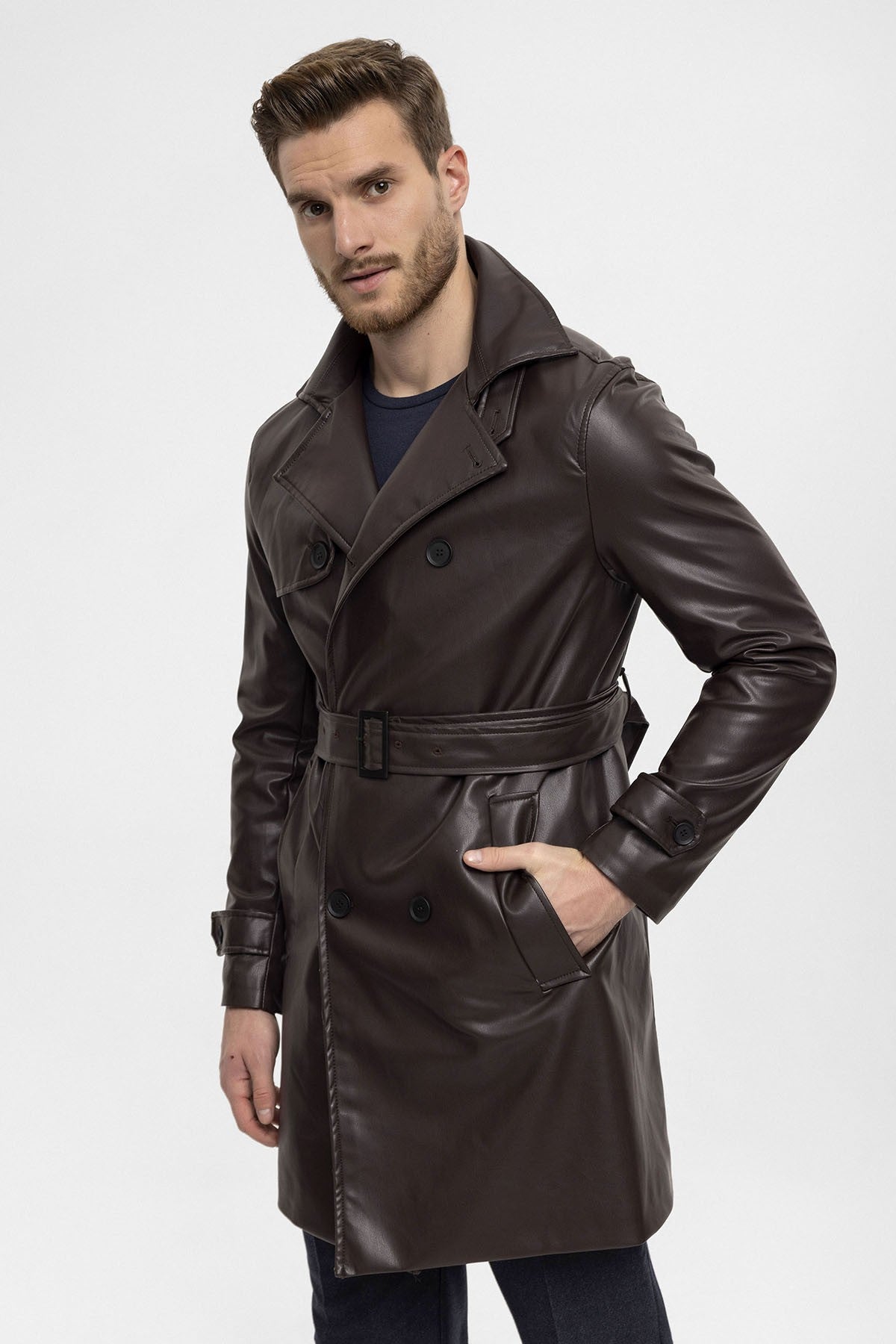 Antioch Men's Belted Double-Breasted Faux Leather Trench Coat
