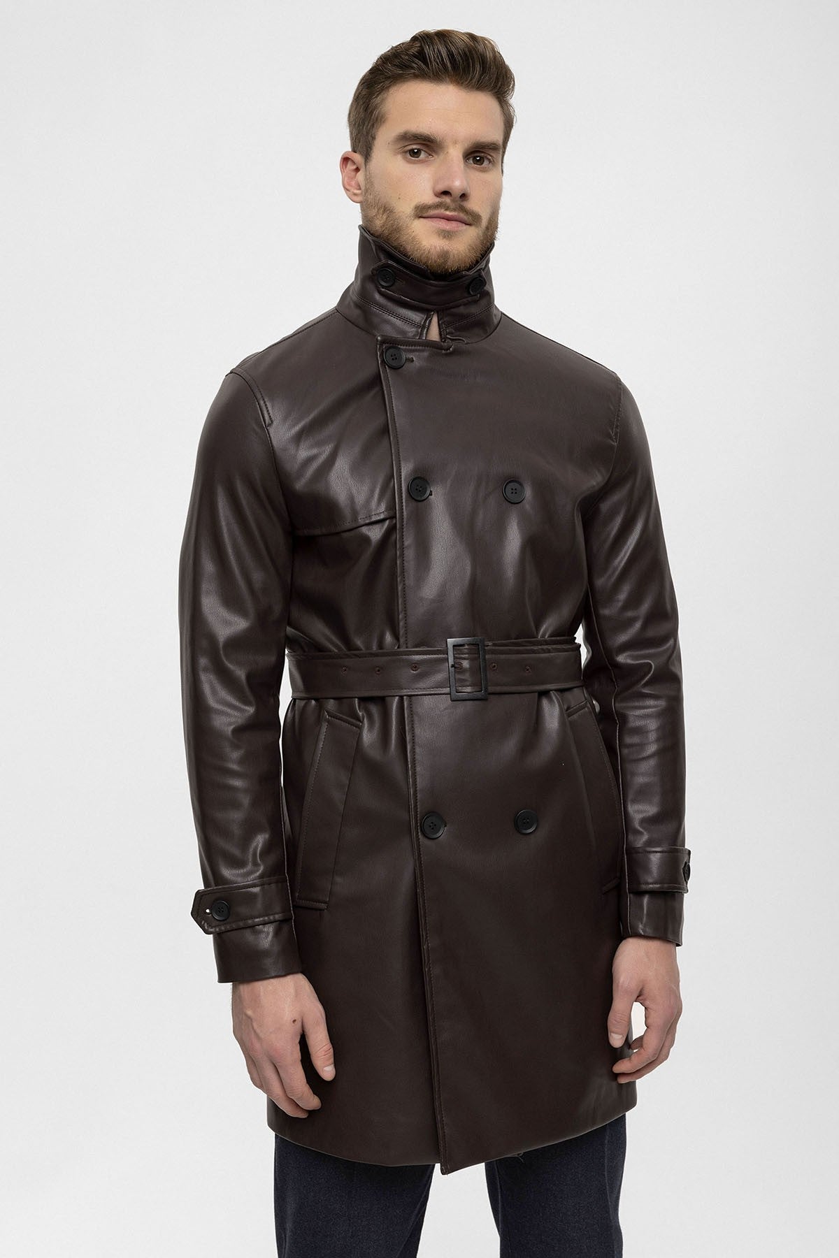 Antioch Men's Belted Double-Breasted Faux Leather Trench Coat