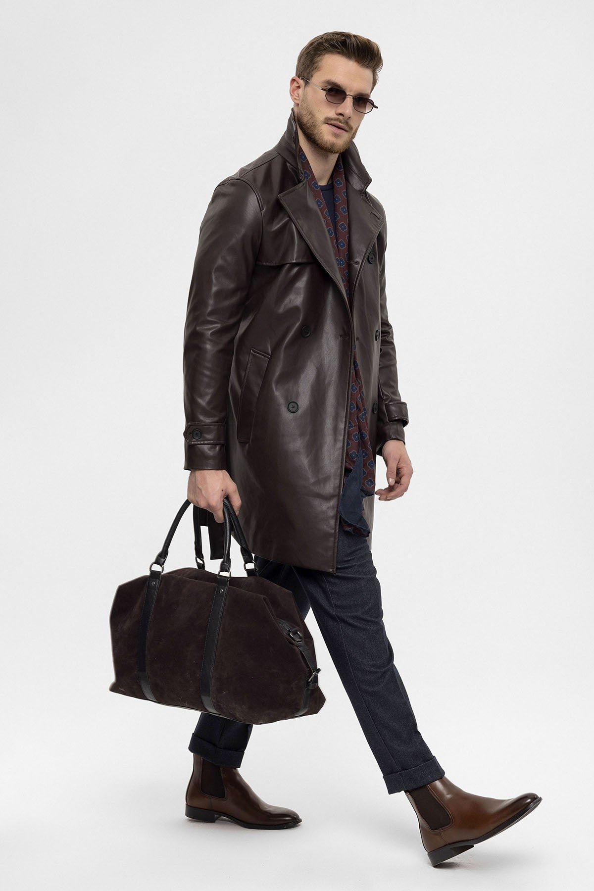 Antioch Men's Belted Double-Breasted Faux Leather Trench Coat