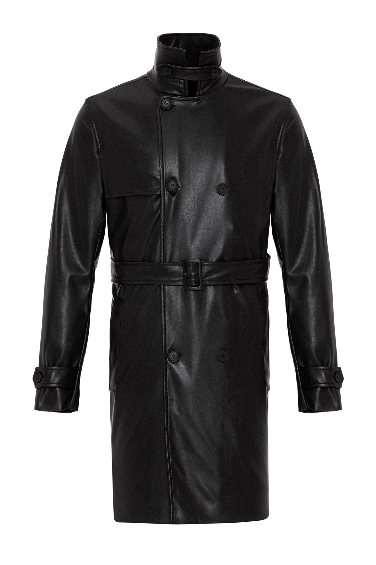Antioch Men's Belted Double-Breasted Faux Leather Trench Coat