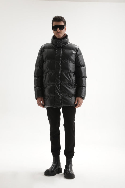 Antioch Men's Faux Leather Long Puffer Jacket with Fur Collar