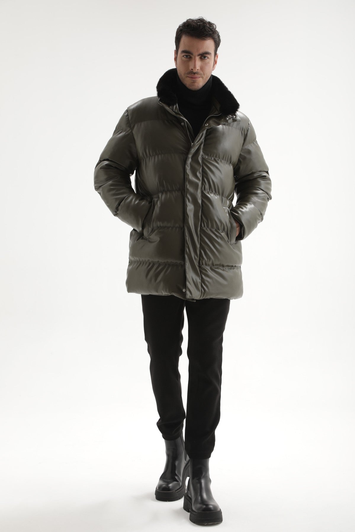 Antioch Men's Faux Leather Long Puffer Jacket with Fur Collar