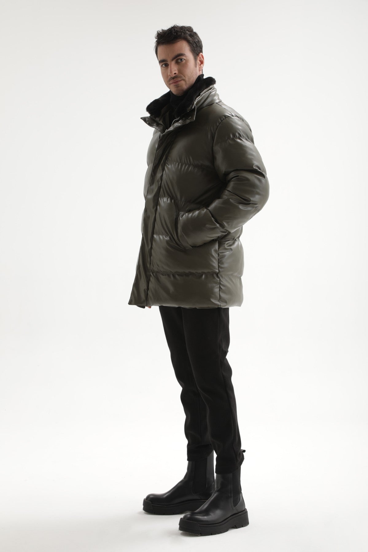 Antioch Men's Faux Leather Long Puffer Jacket with Fur Collar